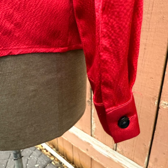 Festive Vintage 90s Deep Red  Silk Ruffle Blouse - Picture 7 of 9